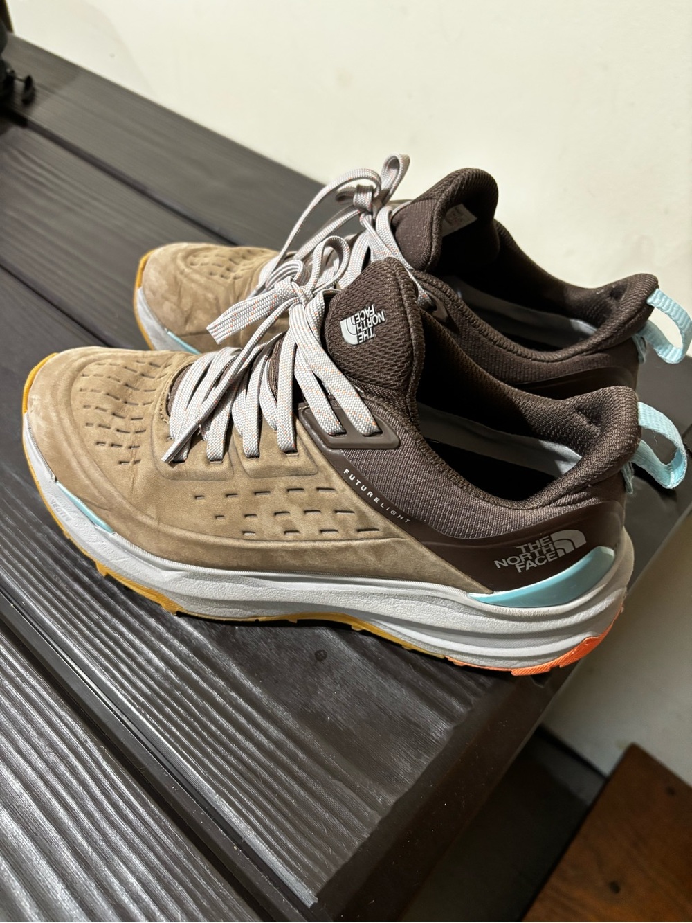 The North Face Future Light Tan and Brown with Aqua and Orange Accents
